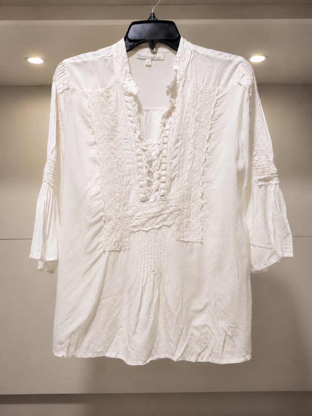 100% Rayon Lace Crochet Tunic Blouse Pintuck 3/4 Sleeve